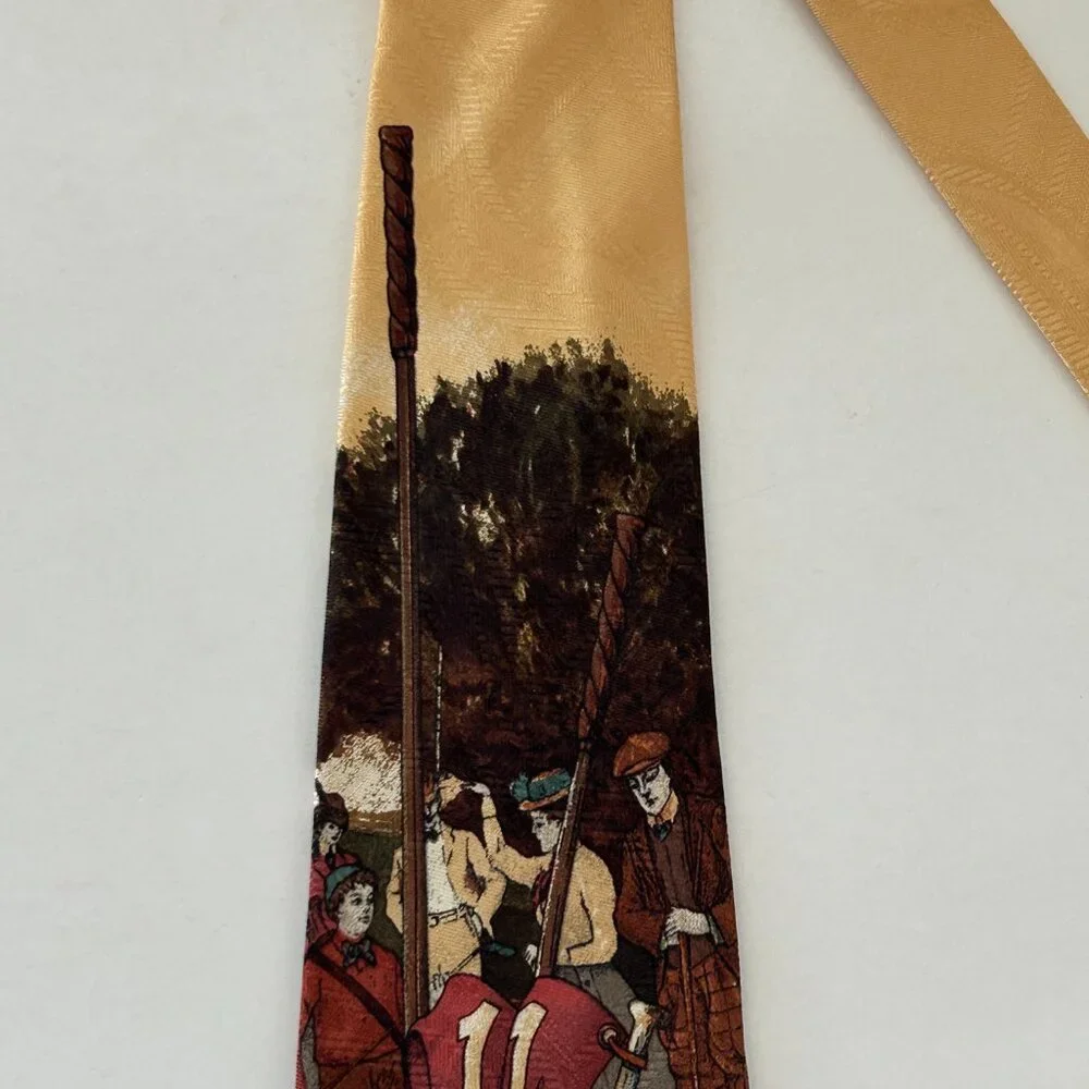 Polo By Ralph Lauren Golf Scene Neck Tie Gold Multicolor Silk Hand Made USA VTG